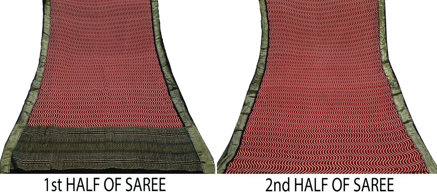 Indian Vintage Sari Red & Black Pure chanderi Silk Woven Sarees Craft Fabric 6Yd Soft Golden Zari Bollywood Sarees Crafting Upcycle