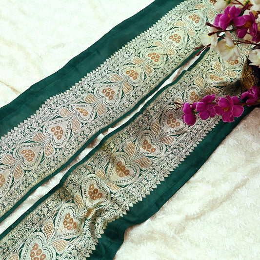 Indian Vintage Green Sari Border Woven Banarasi 1yd Trim Craft Sewing Recycled Sari Border Silver Zari Pure Silk Decor Crafting