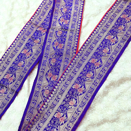 Indian Vintage Purple & Peach Sari Border Woven Banarasi 1yd Trim Craft Sewing Recycled Sari Border Zari Pure Silk Home Decor Crafting