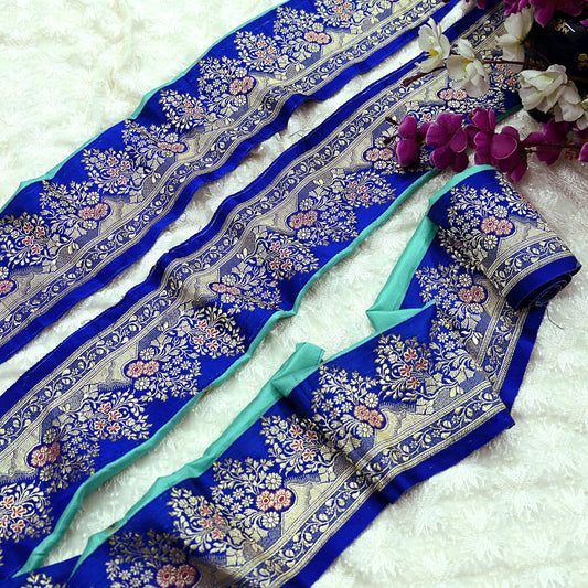 Indian Vintage Blue & Green Sari Border Woven Banarasi 1yd Trim Craft Sewing Recycled Sari Border Silver Zari Pure Silk Home Decor Crafting