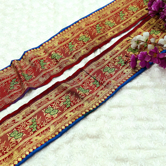 Indian Vintage Red & Blue Sari Border Woven Banarasi 1yd Trim Craft Sewing Recycled Sari Border Zari Pure Silk Home Decor Crafting