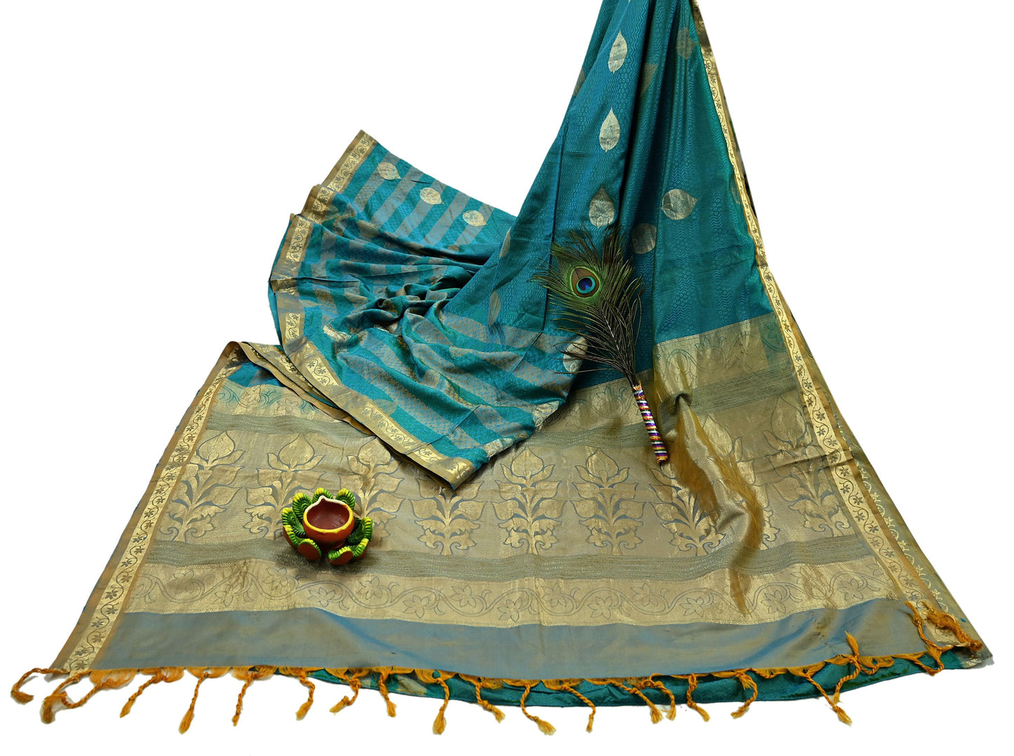 Indian Vintage Heavy Sari Green & Blue Kanjivaram Saree 100% Pure Silk Zari 5Yd Crafting Dress making For Crafting Quilting Upcycle