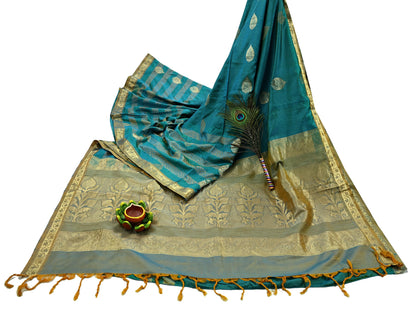 Indian Vintage Heavy Sari Green & Blue Kanjivaram Saree 100% Pure Silk Zari 5Yd Crafting Dress making For Crafting Quilting Upcycle
