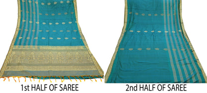 Indian Vintage Heavy Sari Green & Blue Kanjivaram Saree 100% Pure Silk Zari 5Yd Crafting Dress making For Crafting Quilting Upcycle