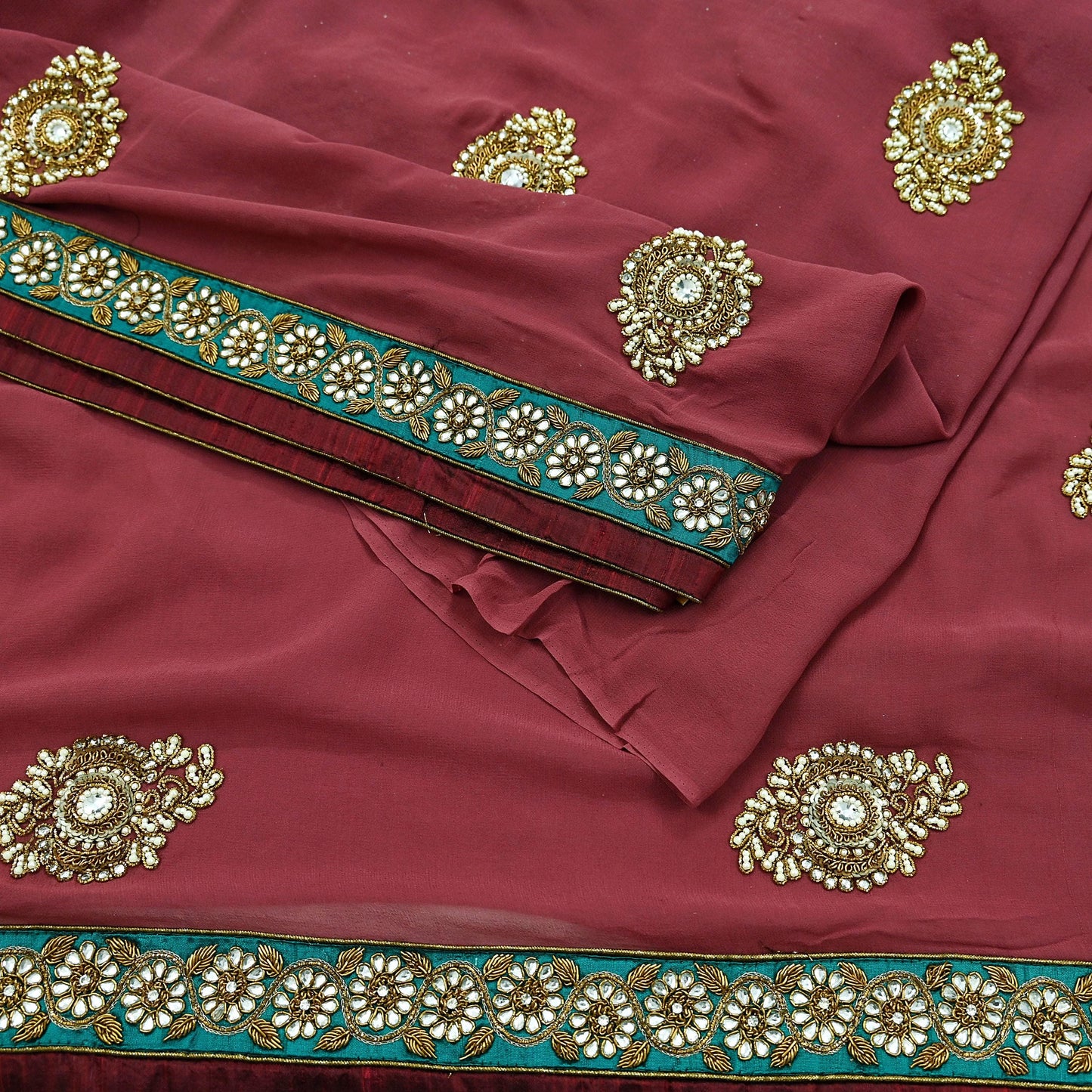 Indian Vintage Heavy Sarees Pink Pure Georgette Silk Hand Embroidered Sari Fabric 6Yd Sewing Ethnic Zardozi/dabka zari With Blouse Pcs