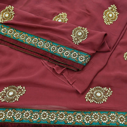 Indian Vintage Heavy Sarees Pink Pure Georgette Silk Hand Embroidered Sari Fabric 6Yd Sewing Ethnic Zardozi/dabka zari With Blouse Pcs