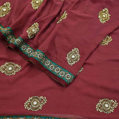 Indian Vintage Heavy Sarees Pink Pure Georgette Silk Hand Embroidered Sari Fabric 6Yd Sewing Ethnic Zardozi/dabka zari With Blouse Pcs
