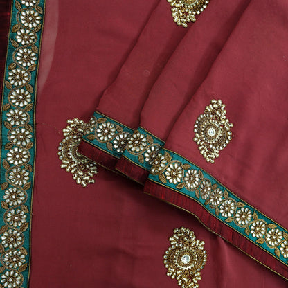 Indian Vintage Heavy Sarees Pink Pure Georgette Silk Hand Embroidered Sari Fabric 6Yd Sewing Ethnic Zardozi/dabka zari With Blouse Pcs