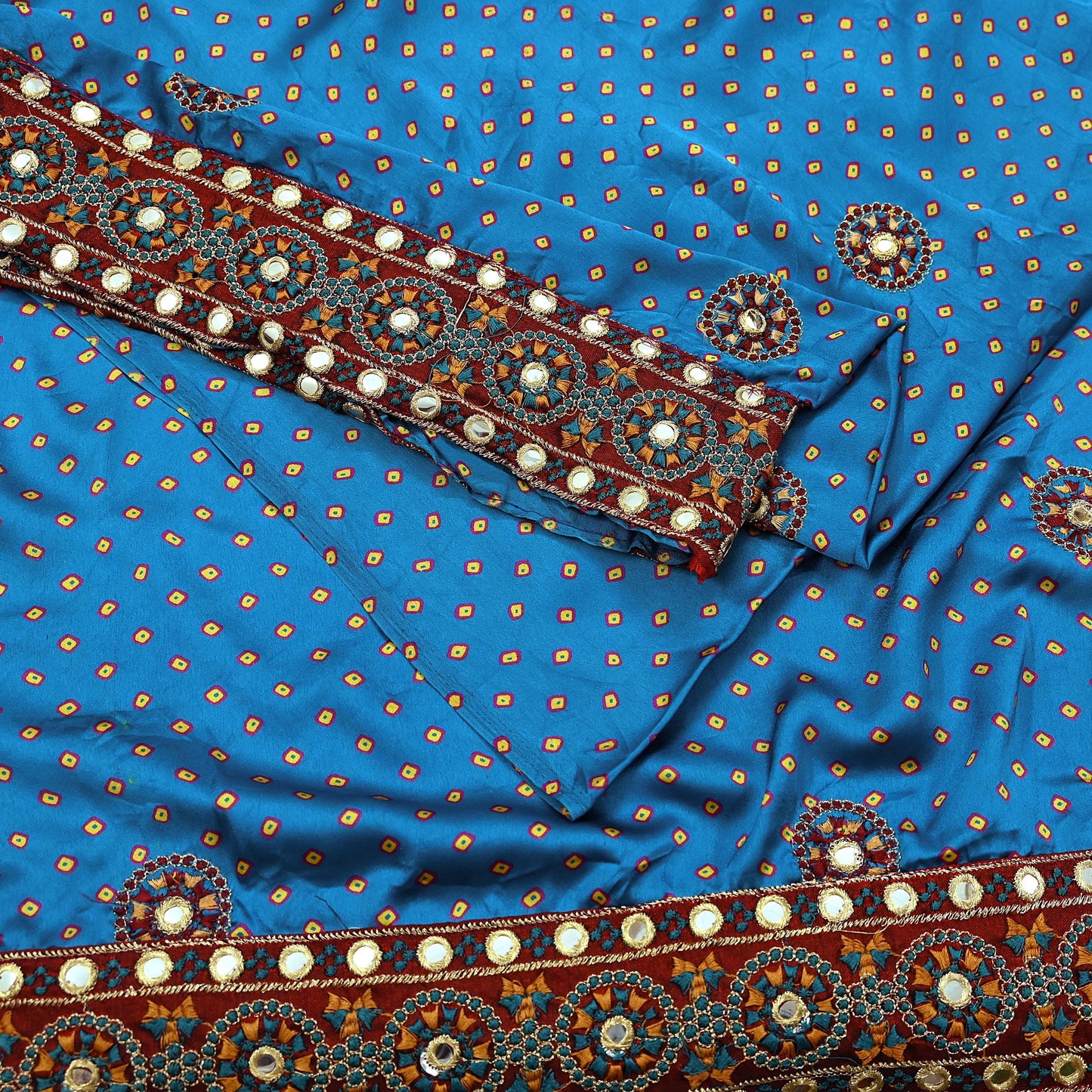 Indian Vintage Blue Saree Hand Embroidered Bandhani Printed Sari Pure satin Silk Sari 5yd Craft Fabric Dress making With Size L-40 Blouse