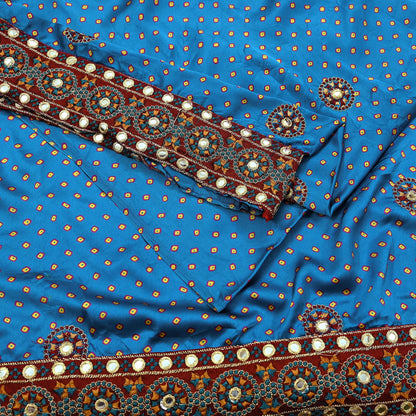 Indian Vintage Blue Saree Hand Embroidered Bandhani Printed Sari Pure satin Silk Sari 5yd Craft Fabric Dress making With Size L-40 Blouse