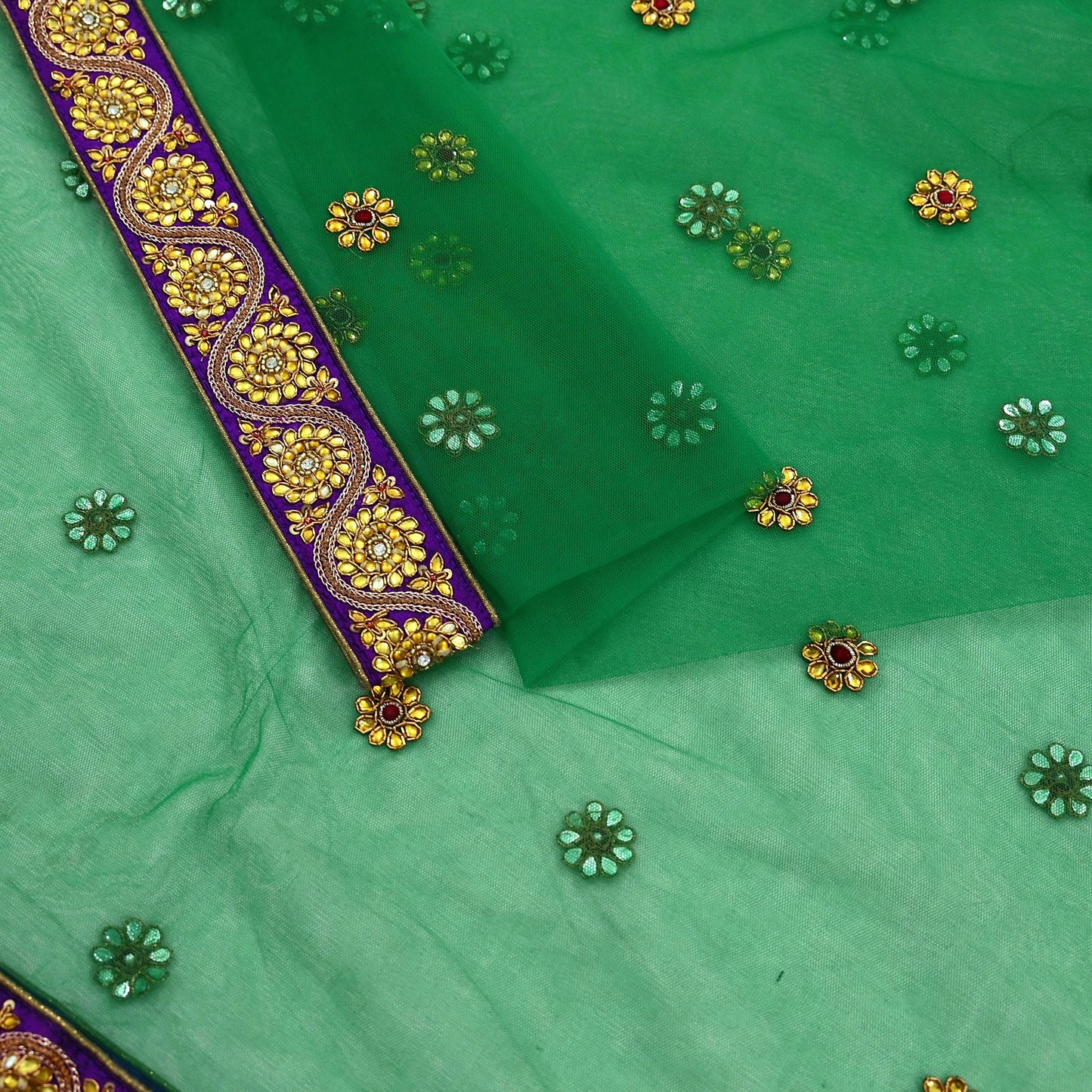 Indian Vintage Heavy Bridal Dupatta Green Net Mesh Long Stole Hand Embroidered Scarf Zardozi Zari Sequins Wedding/Party wear hijab veil