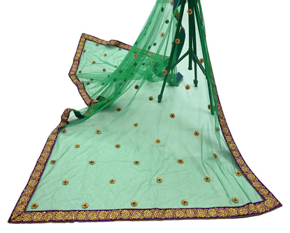 Indian Vintage Heavy Bridal Dupatta Green Net Mesh Long Stole Hand Embroidered Scarf Zardozi Zari Sequins Wedding/Party wear hijab veil