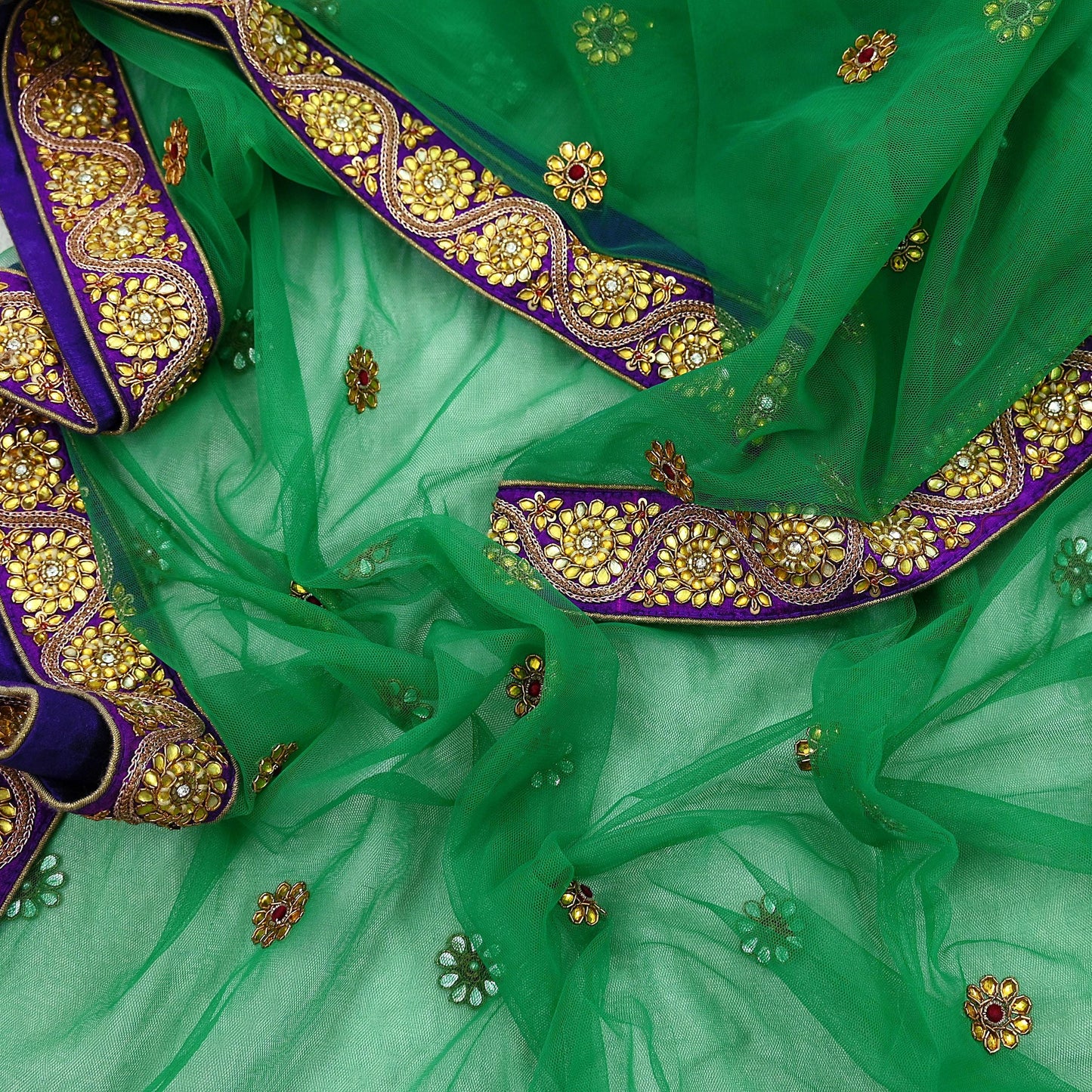 Indian Vintage Heavy Bridal Dupatta Green Net Mesh Long Stole Hand Embroidered Scarf Zardozi Zari Sequins Wedding/Party wear hijab veil