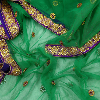 Indian Vintage Heavy Bridal Dupatta Green Net Mesh Long Stole Hand Embroidered Scarf Zardozi Zari Sequins Wedding/Party wear hijab veil