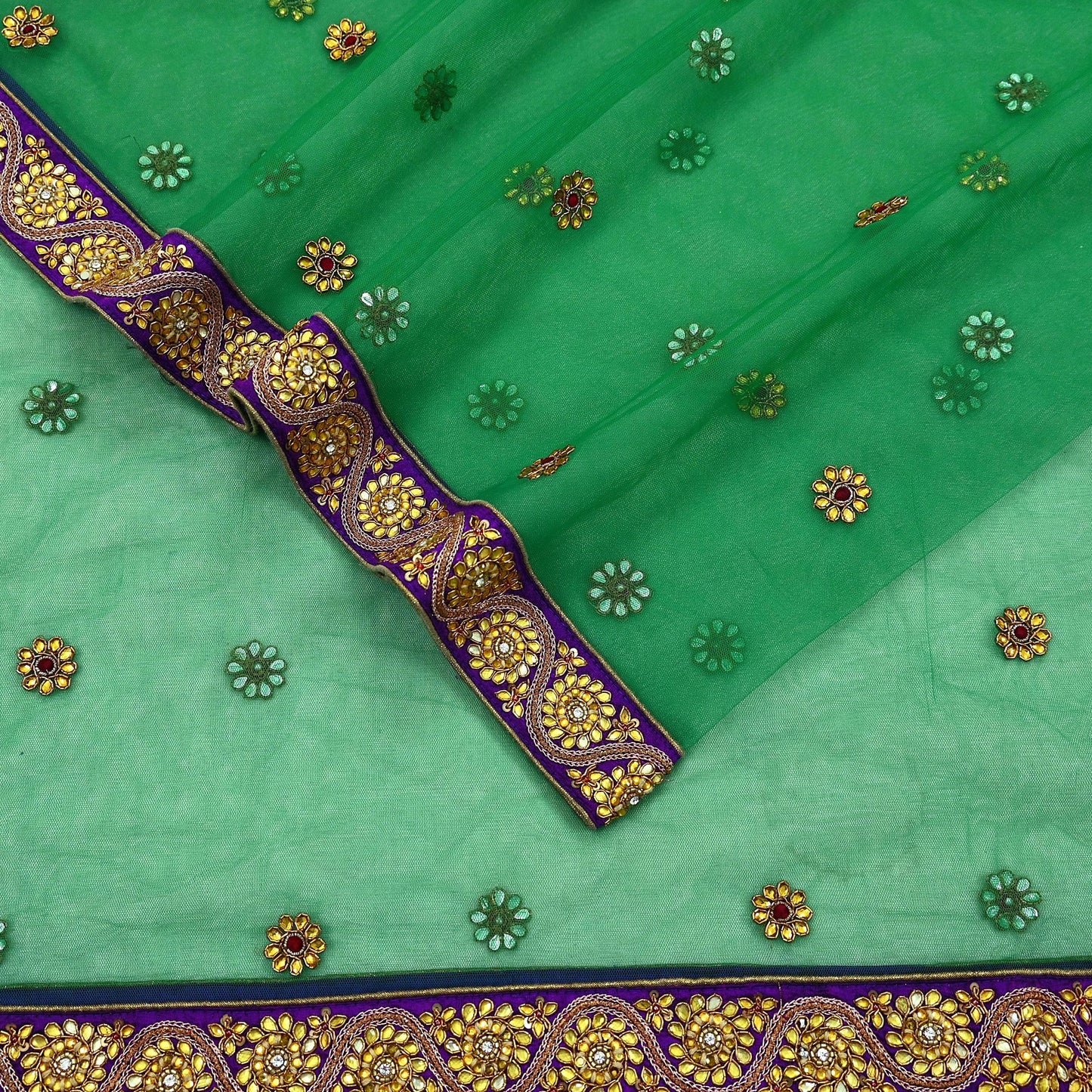 Indian Vintage Heavy Bridal Dupatta Green Net Mesh Long Stole Hand Embroidered Scarf Zardozi Zari Sequins Wedding/Party wear hijab veil