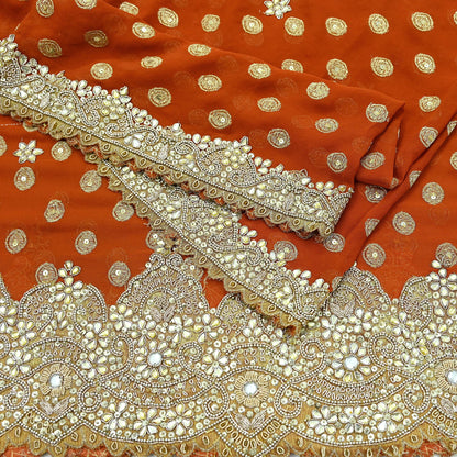 Indian Vintage Heavy Orange Dupatta Pure Georgette Silk Long Stole Hand Embroidered Scarf Zari Zardozi Bridal/ Wedding Veil Hijab