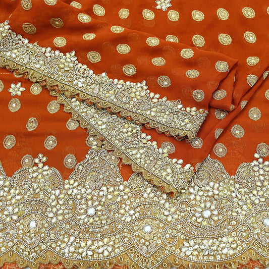 Indian Vintage Heavy Orange Dupatta Pure Georgette Silk Long Stole Hand Embroidered Scarf Zari Zardozi Bridal/ Wedding Veil Hijab