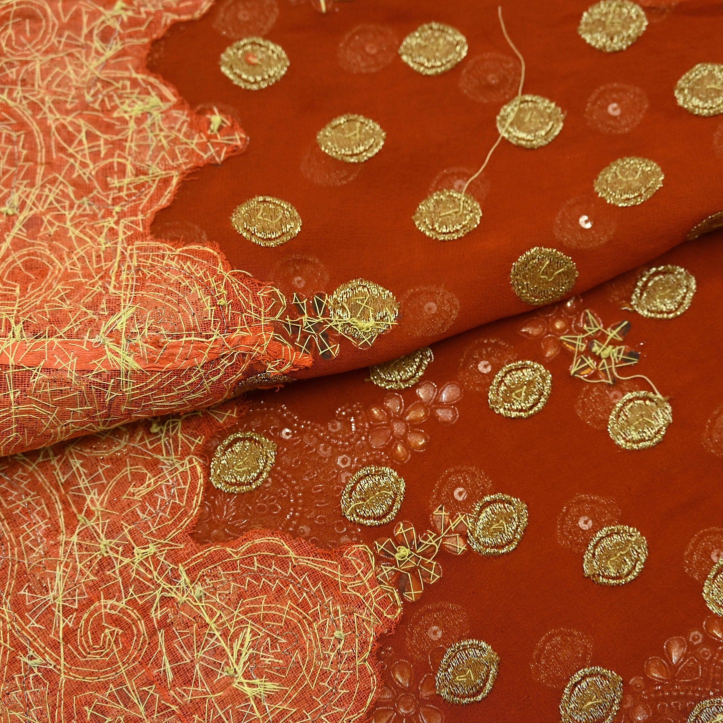 Indian Vintage Heavy Orange Dupatta Pure Georgette Silk Long Stole Hand Embroidered Scarf Zari Zardozi Bridal/ Wedding Veil Hijab