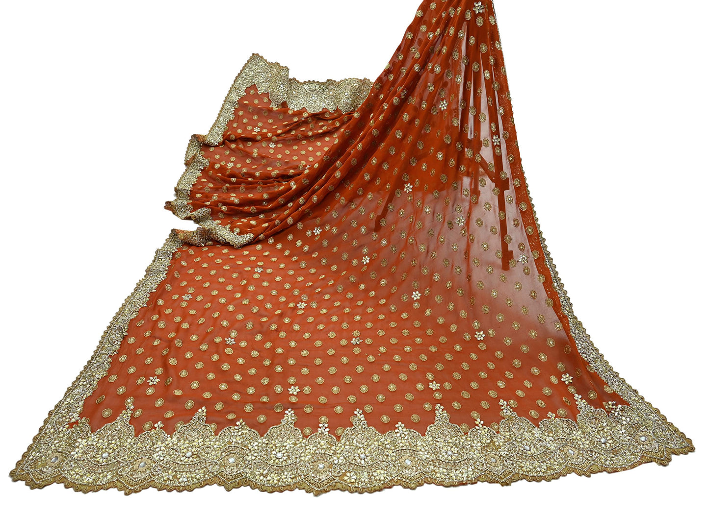Indian Vintage Heavy Orange Dupatta Pure Georgette Silk Long Stole Hand Embroidered Scarf Zari Zardozi Bridal/ Wedding Veil Hijab