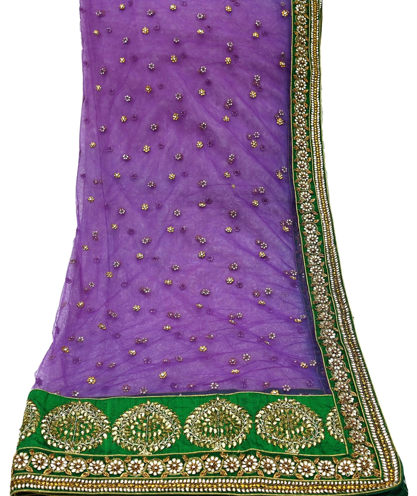 Indian Vintage Heavy Wedding Purple Dupatta Net Mesh Long Stole Hand Embroidered Scarves Golden Zardozi Dabka Zari Stole