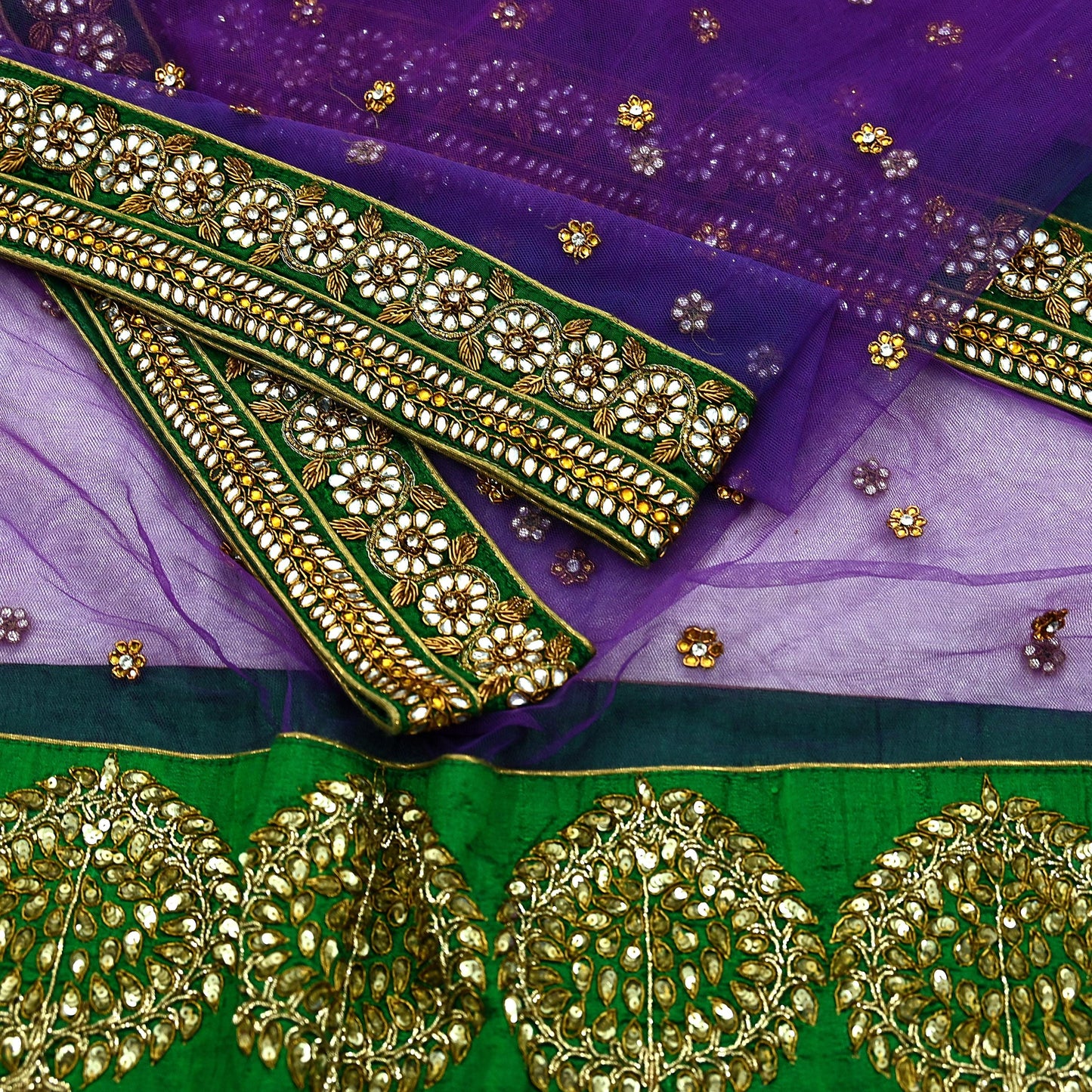 Indian Vintage Heavy Wedding Purple Dupatta Net Mesh Long Stole Hand Embroidered Scarves Golden Zardozi Dabka Zari Stole