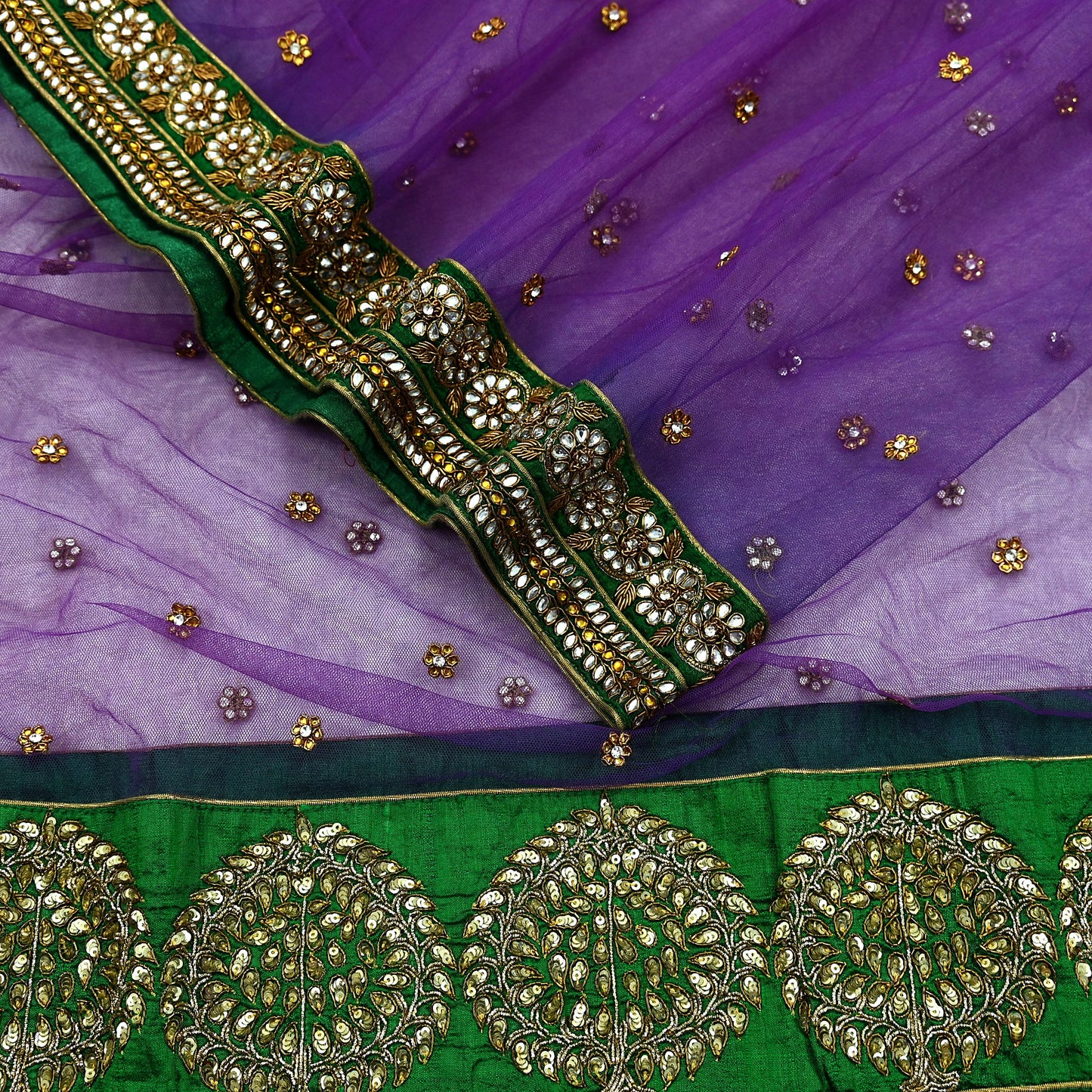 Indian Vintage Heavy Wedding Purple Dupatta Net Mesh Long Stole Hand Embroidered Scarves Golden Zardozi Dabka Zari Stole