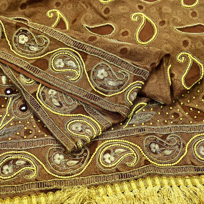 Indian Vintage Heavy Wedding Brown Dupatta Pure Organza Silk Long Stole Hand Embroidered Scarves Zardozi Zari Bridal Veil Wrap Hijab