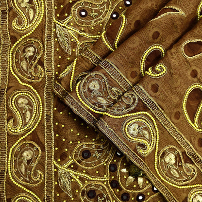 Indian Vintage Heavy Wedding Brown Dupatta Pure Organza Silk Long Stole Hand Embroidered Scarves Zardozi Zari Bridal Veil Wrap Hijab
