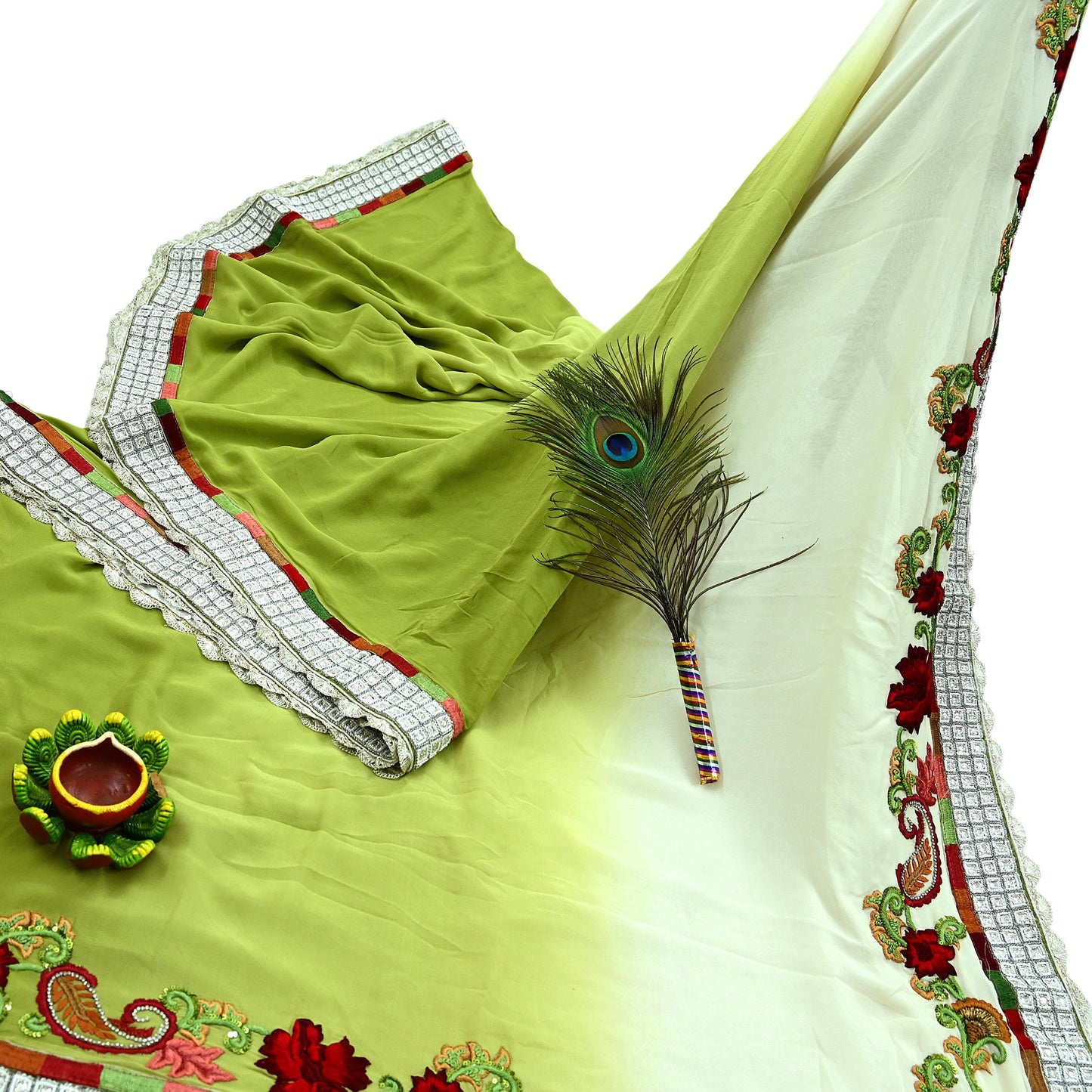 Indian Vintage Heavy Sarees Green & White Pure Georgette Silk Hand Embroidered Sari Fabric 5Yd Sewing Ethnic Sequins Wedding sarees