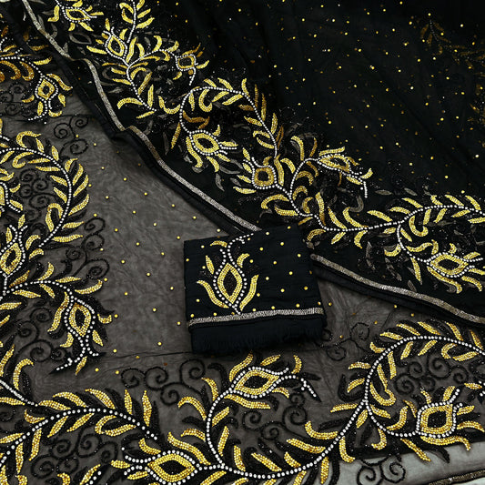 Indian Heavy Sari Black Net/Mesh Hand Embroidered Sarees Craft Fabric 6Yd Sewing Soft Zardozi Wedding sarees With Blouse fabric