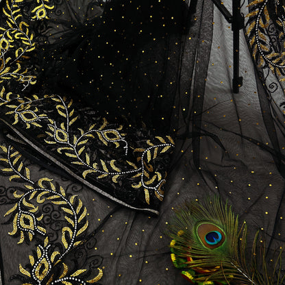 Indian Heavy Sari Black Net/Mesh Hand Embroidered Sarees Craft Fabric 6Yd Sewing Soft Zardozi Wedding sarees With Blouse fabric