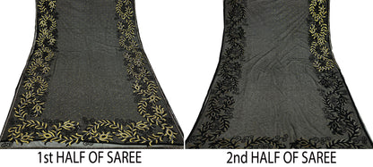 Indian Heavy Sari Black Net/Mesh Hand Embroidered Sarees Craft Fabric 6Yd Sewing Soft Zardozi Wedding sarees With Blouse fabric