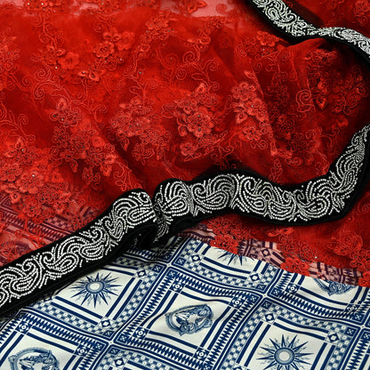 Indian Vintage Heavy Wedding Sari Satin Silk Net/Mesh Hand Beaded Sarees Fabric 6Yd Sewing Ethnic With Matching Unstitched Blouse Fabric