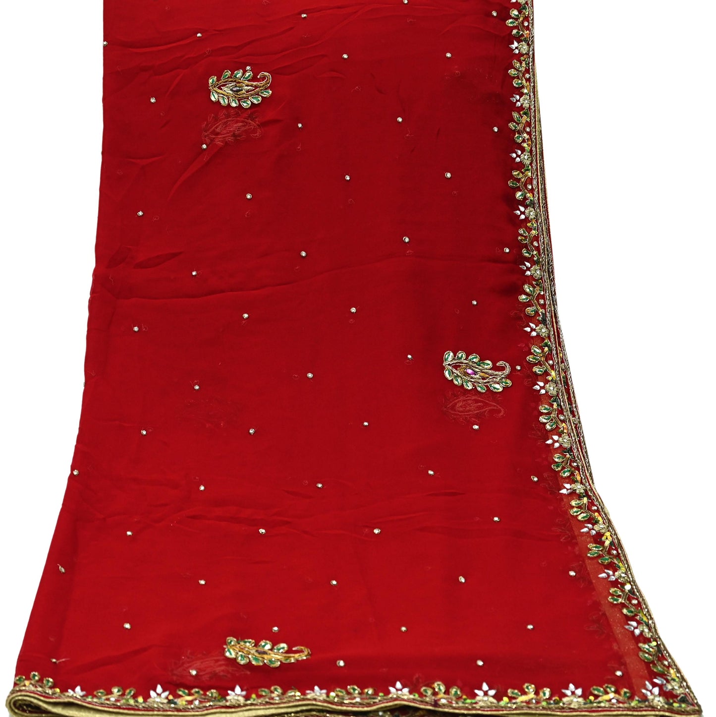 Indian Vintage Dupatta Red Long Stole Pure Georgette Silk Hand Embroidered Scarves Veil Hijab Floral Zari Dabka Zardozi