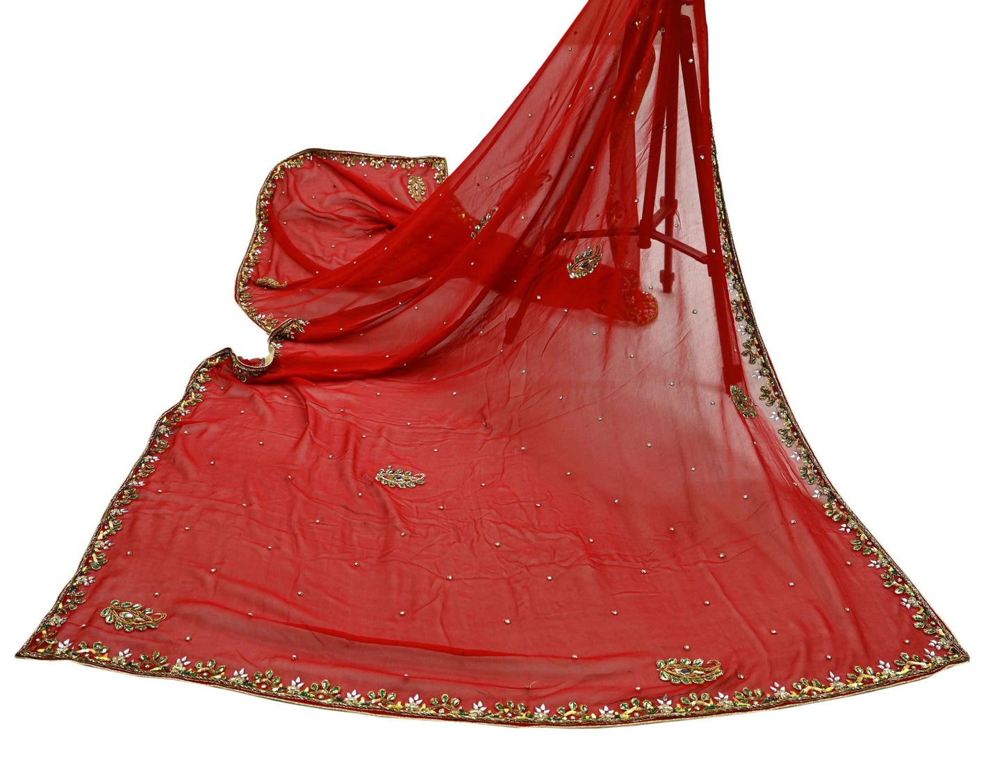 Indian Vintage Dupatta Red Long Stole Pure Georgette Silk Hand Embroidered Scarves Veil Hijab Floral Zari Dabka Zardozi
