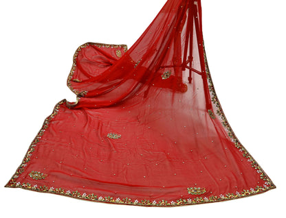 Indian Vintage Dupatta Red Long Stole Pure Georgette Silk Hand Embroidered Scarves Veil Hijab Floral Zari Dabka Zardozi
