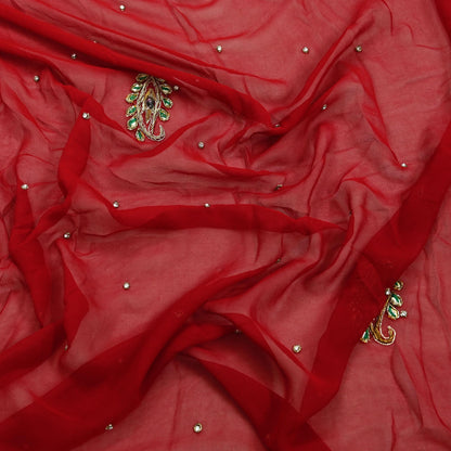 Indian Vintage Dupatta Red Long Stole Pure Georgette Silk Hand Embroidered Scarves Veil Hijab Floral Zari Dabka Zardozi