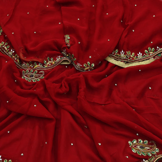 Indian Vintage Dupatta Red Long Stole Pure Georgette Silk Hand Embroidered Scarves Veil Hijab Floral Zari Dabka Zardozi