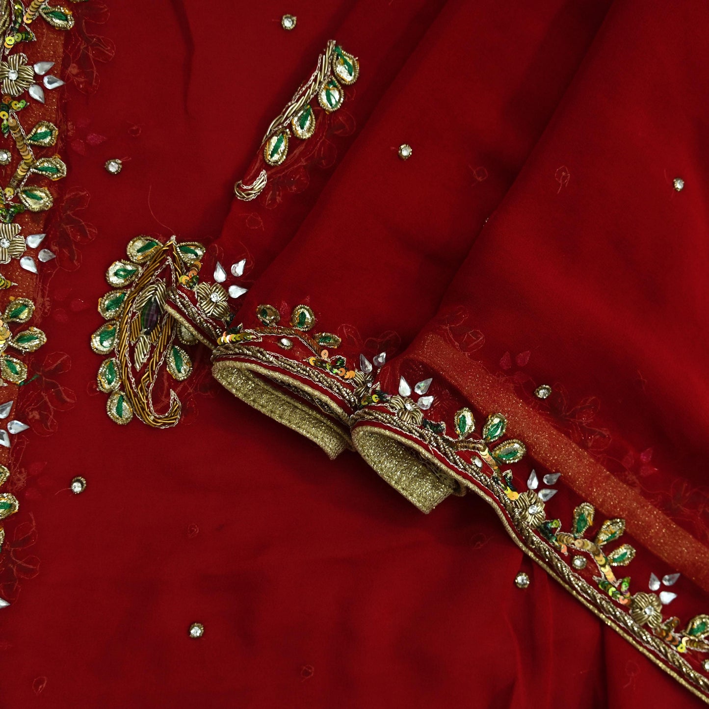 Indian Vintage Dupatta Red Long Stole Pure Georgette Silk Hand Embroidered Scarves Veil Hijab Floral Zari Dabka Zardozi