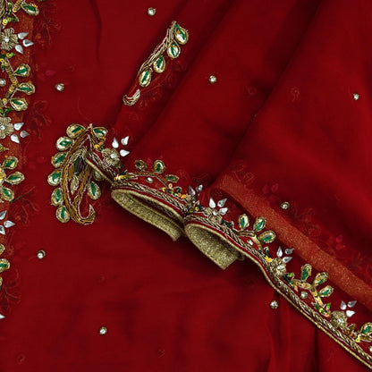 Indian Vintage Dupatta Red Long Stole Pure Georgette Silk Hand Embroidered Scarves Veil Hijab Floral Zari Dabka Zardozi