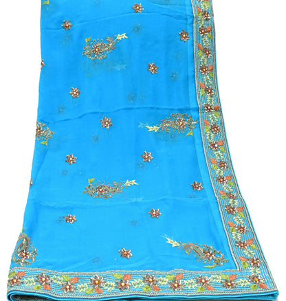 Indian Vintage Blue Dupatta Long Stole Pure Georgette Silk Hand Embroidered Scarves Veil Hijab Floral Zari
