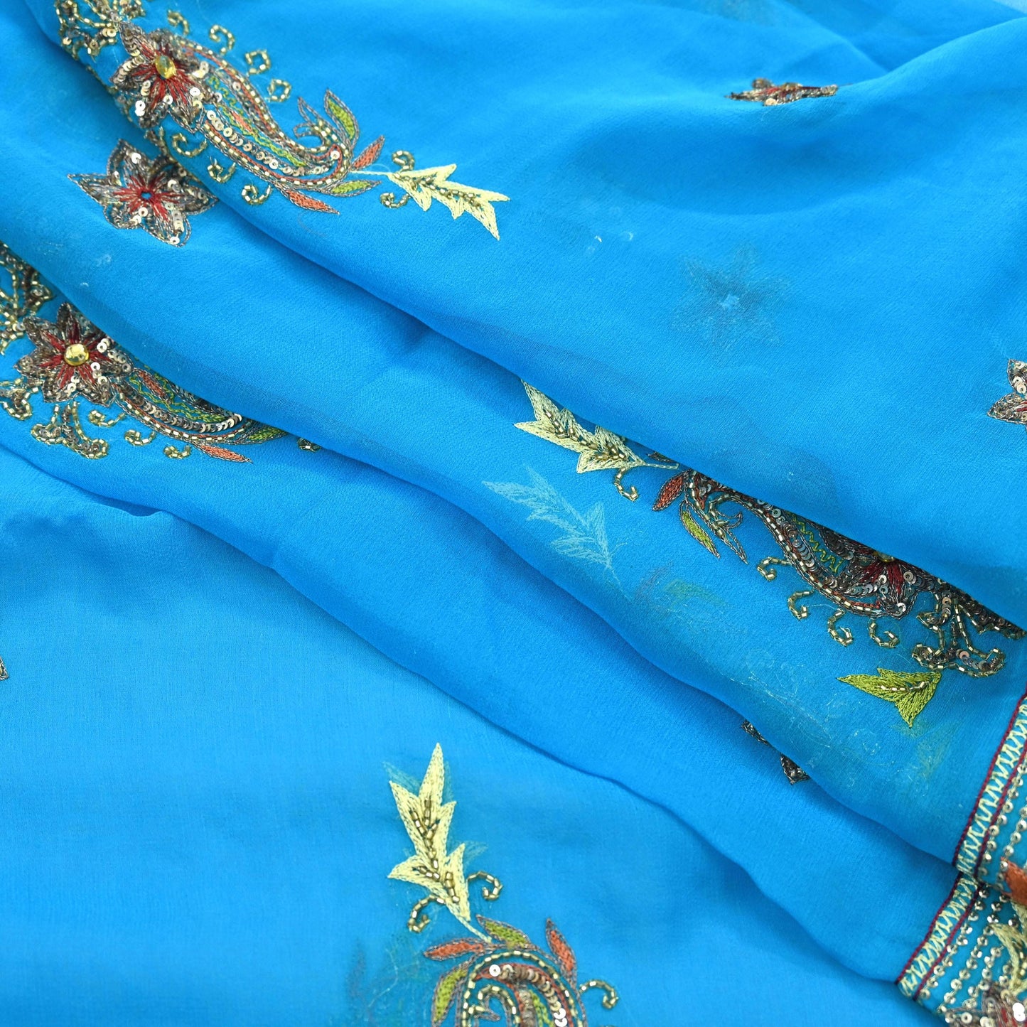 Indian Vintage Blue Dupatta Long Stole Pure Georgette Silk Hand Embroidered Scarves Veil Hijab Floral Zari