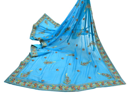 Indian Vintage Blue Dupatta Long Stole Pure Georgette Silk Hand Embroidered Scarves Veil Hijab Floral Zari