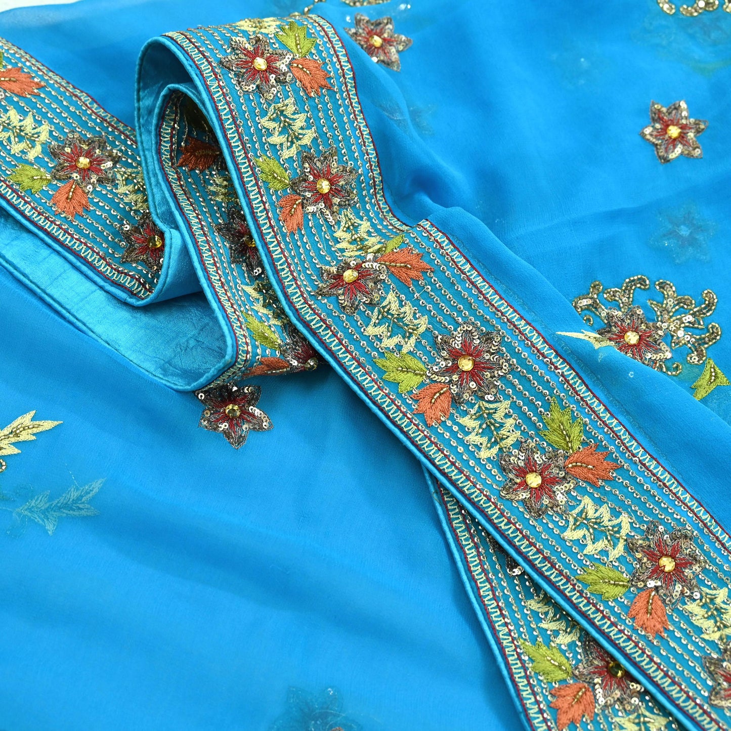 Indian Vintage Blue Dupatta Long Stole Pure Georgette Silk Hand Embroidered Scarves Veil Hijab Floral Zari