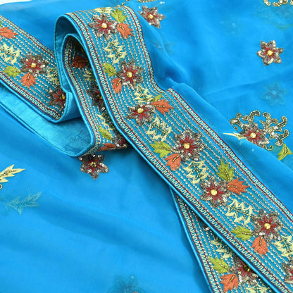 Indian Vintage Blue Dupatta Long Stole Pure Georgette Silk Hand Embroidered Scarves Veil Hijab Floral Zari