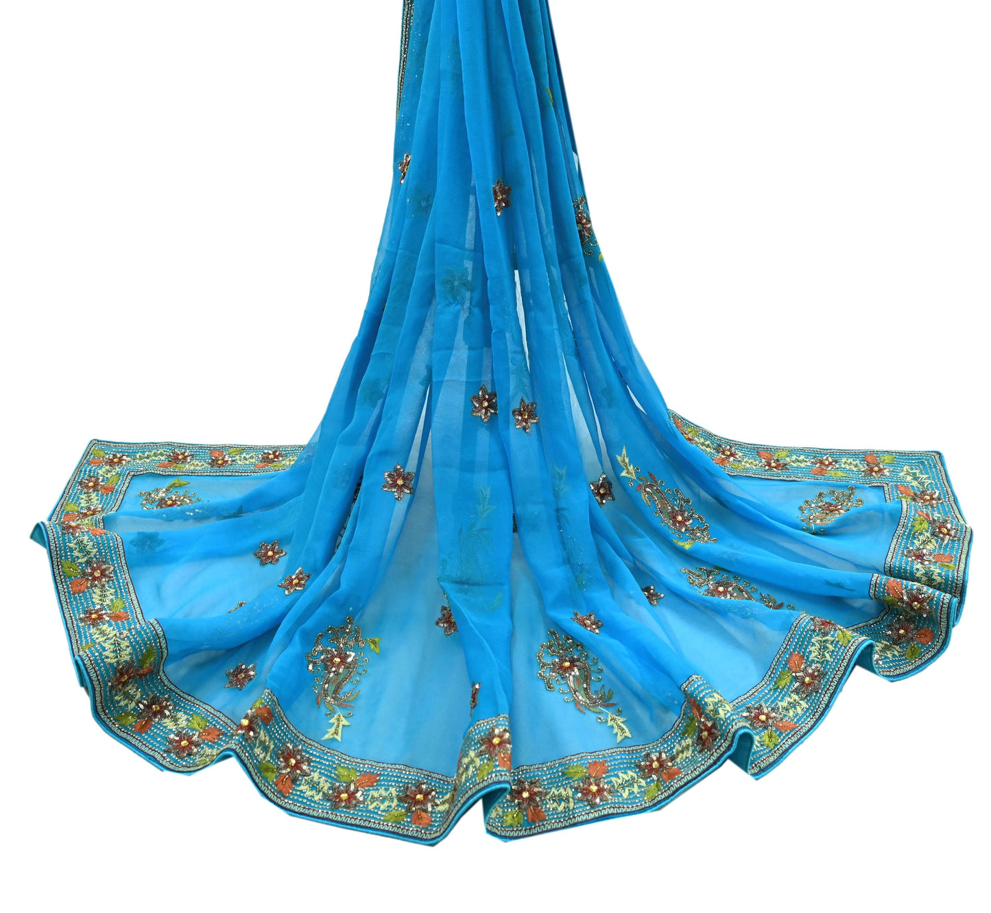 Indian Vintage Blue Dupatta Long Stole Pure Georgette Silk Hand Embroidered Scarves Veil Hijab Floral Zari