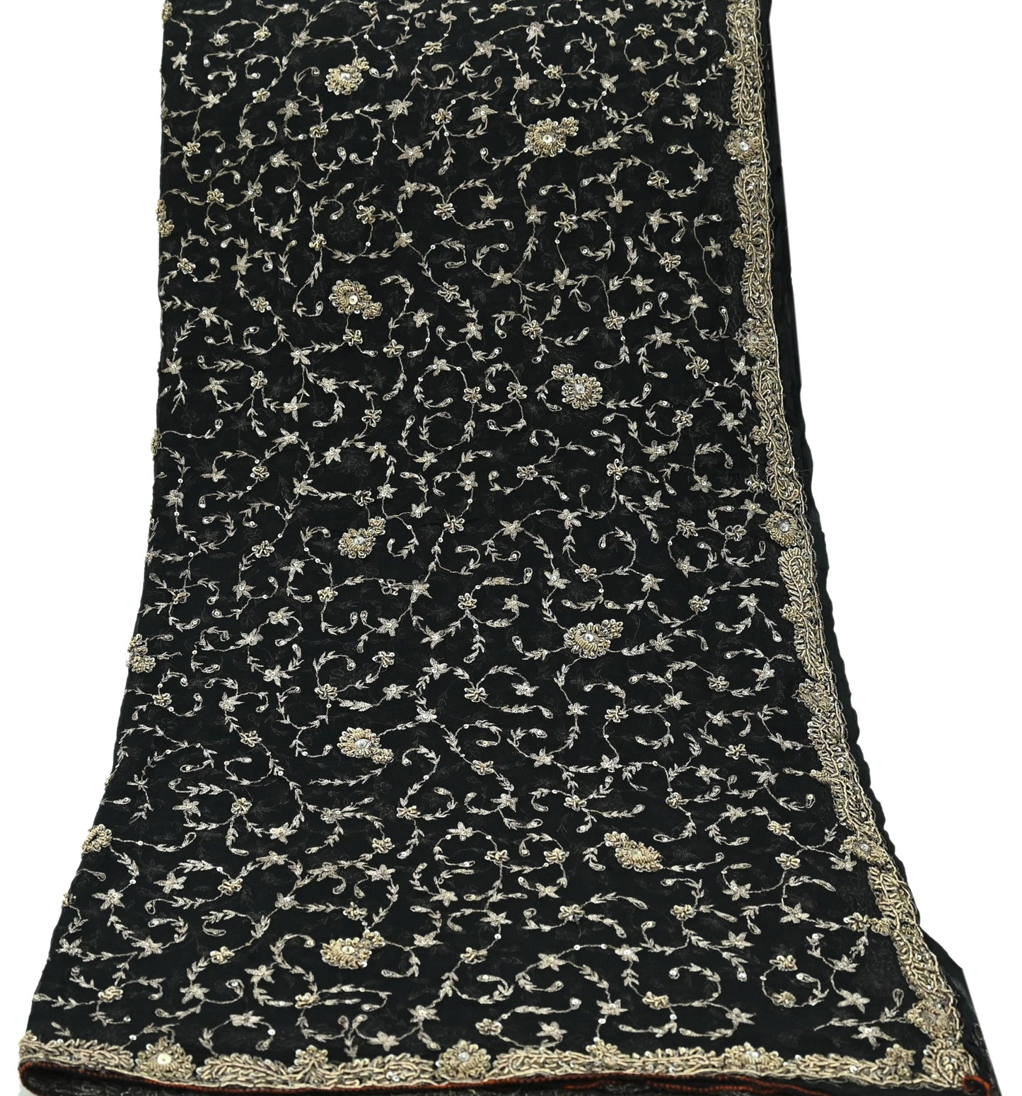 Indian Vintage Black Dupatta Pure Chiffon silk Long Stole Hand Embroidered Scarves Floral Design Stole Veil Wrap Zari Zardozi