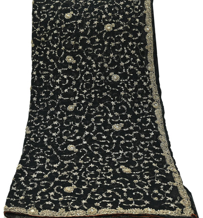Indian Vintage Black Dupatta Pure Chiffon silk Long Stole Hand Embroidered Scarves Floral Design Stole Veil Wrap Zari Zardozi