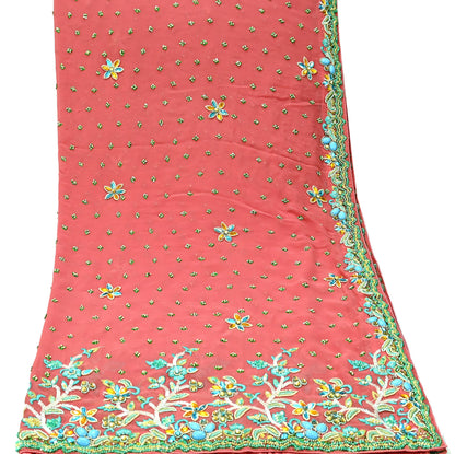 Indian Vintage Heavy Bridal Peach Dupatta Pure Georgette Silk Long Stole Hand Embroidered Scarf Zardozi/Dabka Wedding red Hijab veil Boho