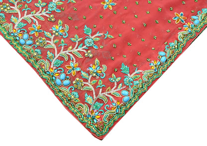 Indian Vintage Heavy Bridal Peach Dupatta Pure Georgette Silk Long Stole Hand Embroidered Scarf Zardozi/Dabka Wedding red Hijab veil Boho